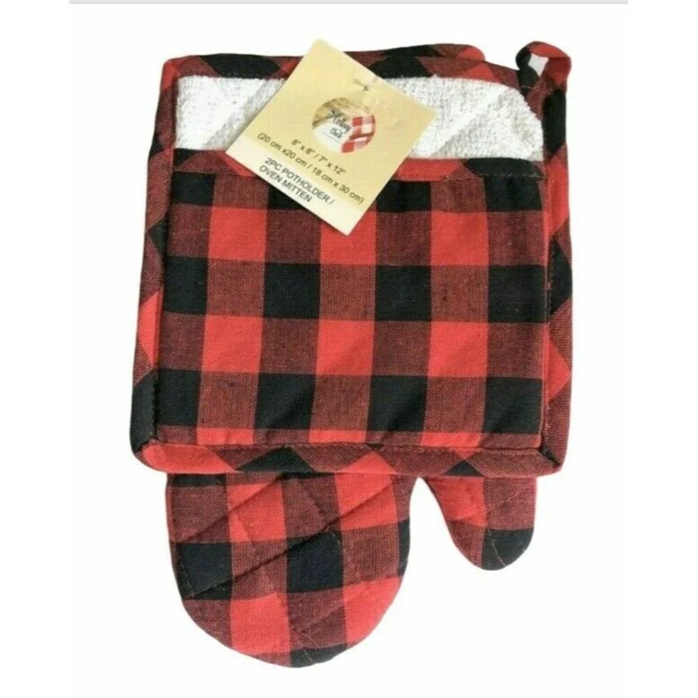 Buffalo Check Potholder Oven Mitt Country Red Black Heavyweight 2-Piece Set